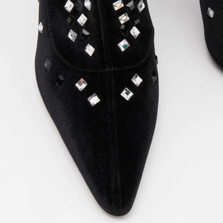 Pre Owned Giuseppe Zanotti Black Velvet Crystal Embellished Ankle Booties Size 38