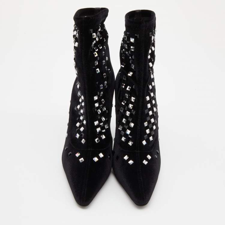 Pre Owned Giuseppe Zanotti Black Velvet Crystal Embellished Ankle Booties Size 38