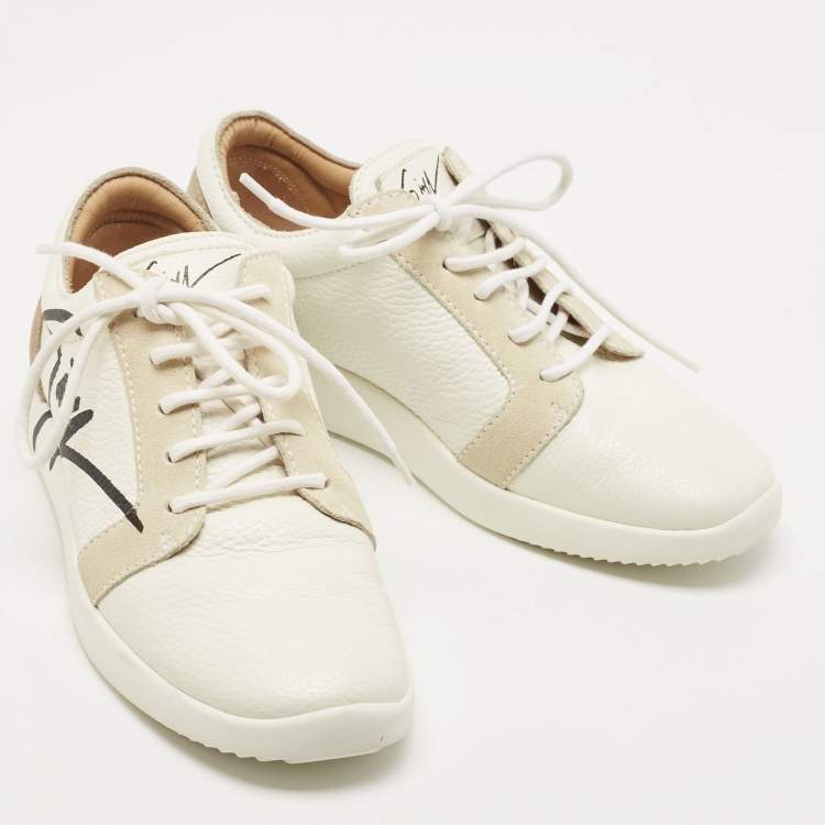 Pre Owned Giuseppe Zanotti Tricolor Leather and Suede Logo Print Low Top Sneakers Size 37