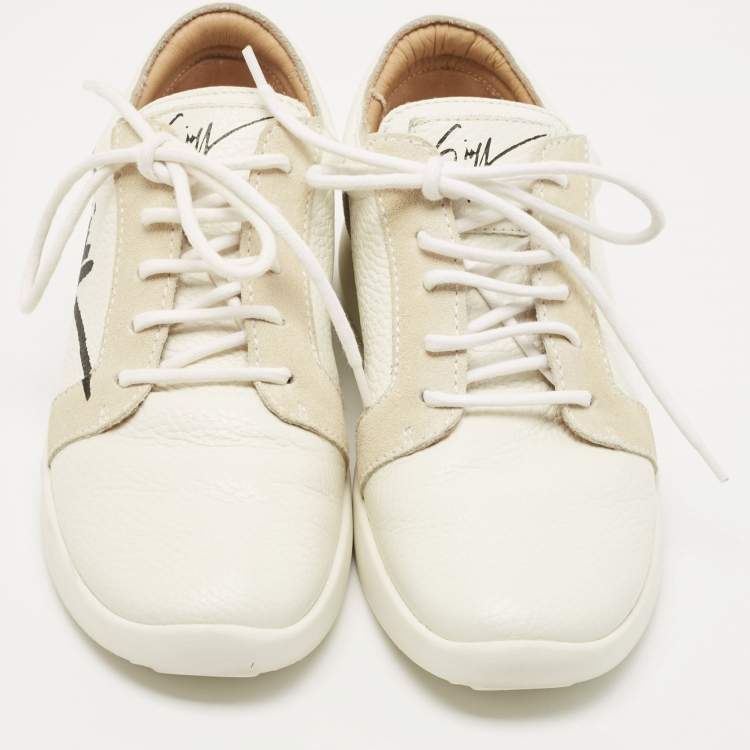 Pre Owned Giuseppe Zanotti Tricolor Leather and Suede Logo Print Low Top Sneakers Size 37
