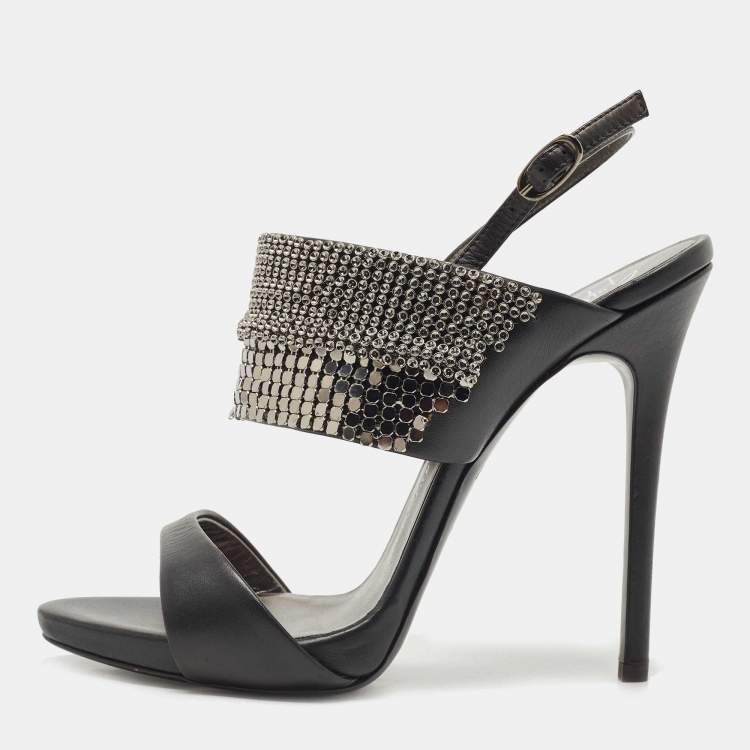 Pre Owned Giuseppe Zanotti Black Leather Coline Embellished Ankle Strap Sandals Size 37.5