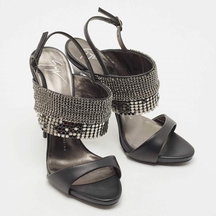 Pre Owned Giuseppe Zanotti Black Leather Coline Embellished Ankle Strap Sandals Size 37.5