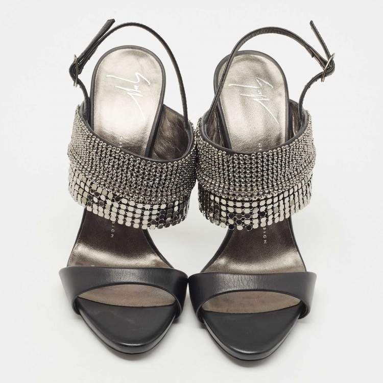 Pre Owned Giuseppe Zanotti Black Leather Coline Embellished Ankle Strap Sandals Size 37.5