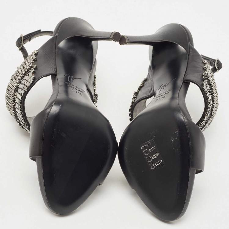 Pre Owned Giuseppe Zanotti Black Leather Coline Embellished Ankle Strap Sandals Size 37.5