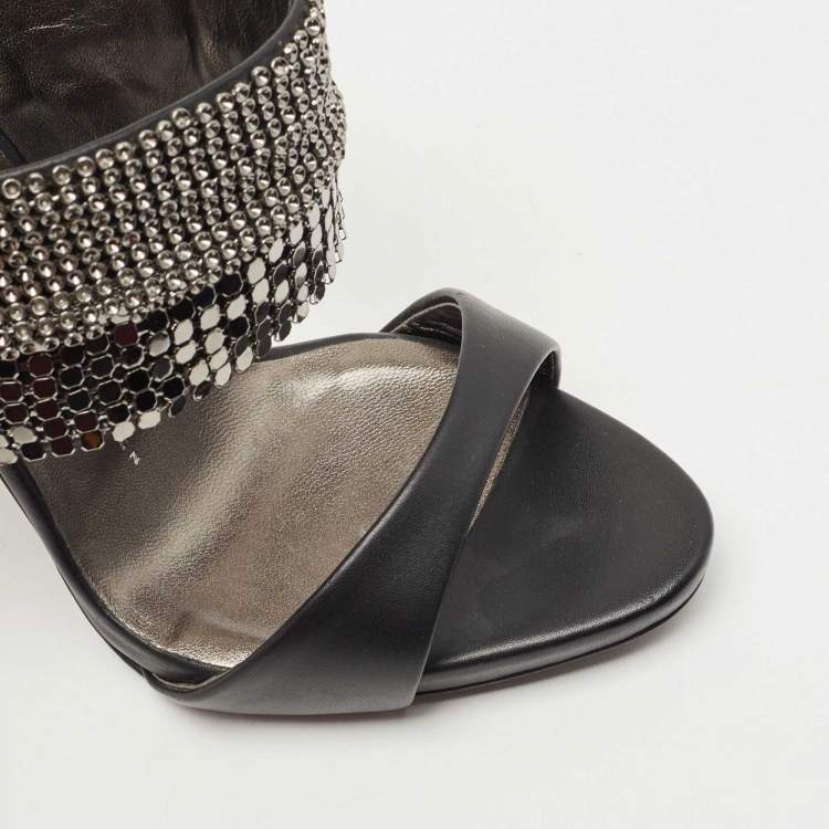 Pre Owned Giuseppe Zanotti Black Leather Coline Embellished Ankle Strap Sandals Size 37.5