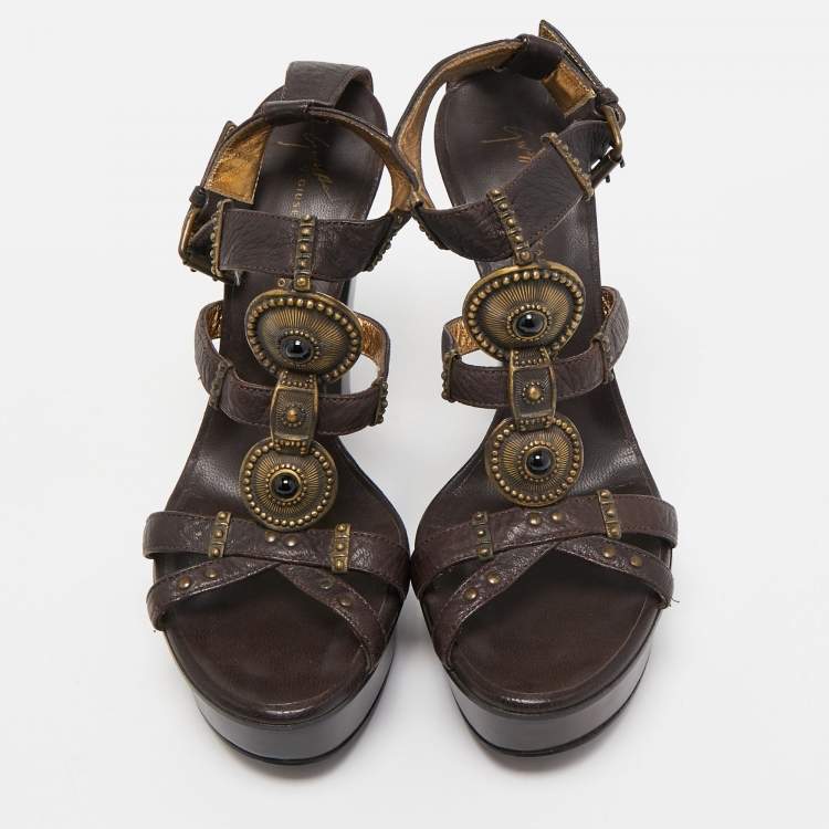مملوكة مسبقًا Giuseppe Zanotti Brown Leather  Ankle Strap Sandals Size 38.5