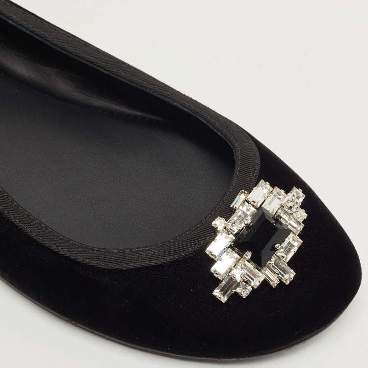 Pre Owned Giuseppe Zanotti Black Velvet Giorgia Crystal Embellished Ankle Wrap Ballet Flats Size 41