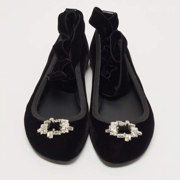 Pre Owned Giuseppe Zanotti Black Velvet Giorgia Crystal Embellished Ankle Wrap Ballet Flats Size 41
