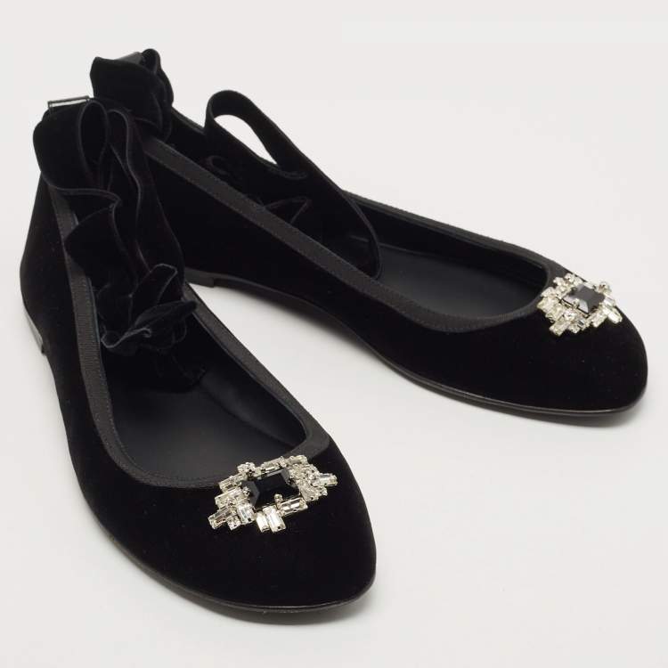 Pre Owned Giuseppe Zanotti Black Velvet Giorgia Crystal Embellished Ankle Wrap Ballet Flats Size 41