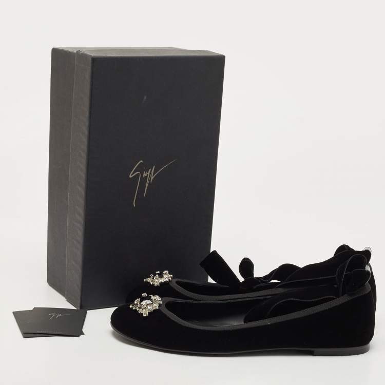 Pre Owned Giuseppe Zanotti Black Velvet Giorgia Crystal Embellished Ankle Wrap Ballet Flats Size 41