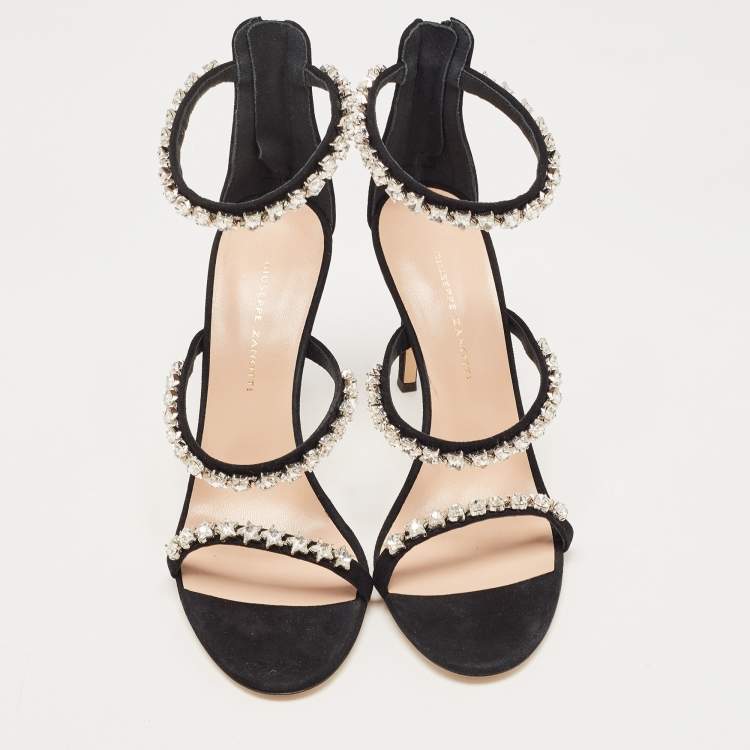 Pre Owned Giuseppe Zanotti Black Suede Star Crystal Harmony Sandals Size 37