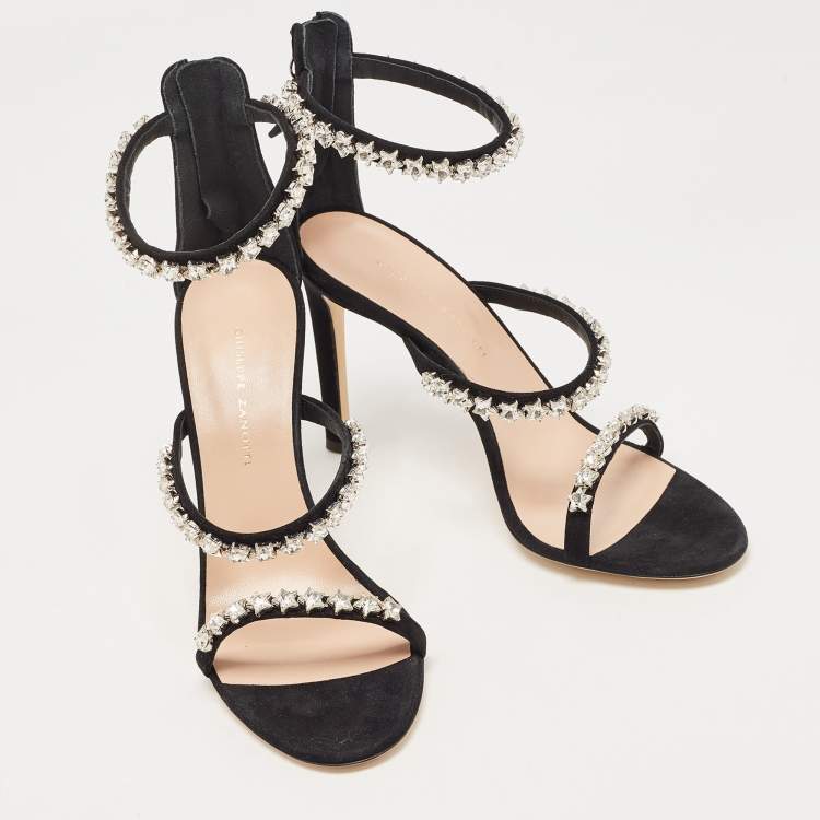 Pre Owned Giuseppe Zanotti Black Suede Star Crystal Harmony Sandals Size 37