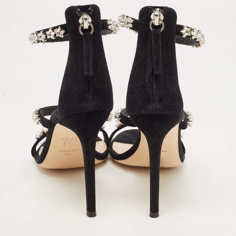 Pre Owned Giuseppe Zanotti Black Suede Star Crystal Harmony Sandals Size 37