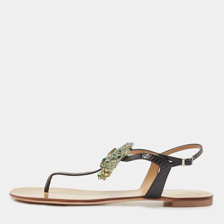 مملوكة مسبقًا Giuseppe Zanotti Black Textured Leather Crystal Embellished Thong Flat Sandals Size 41