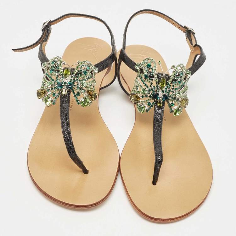 مملوكة مسبقًا Giuseppe Zanotti Black Textured Leather Crystal Embellished Thong Flat Sandals Size 41