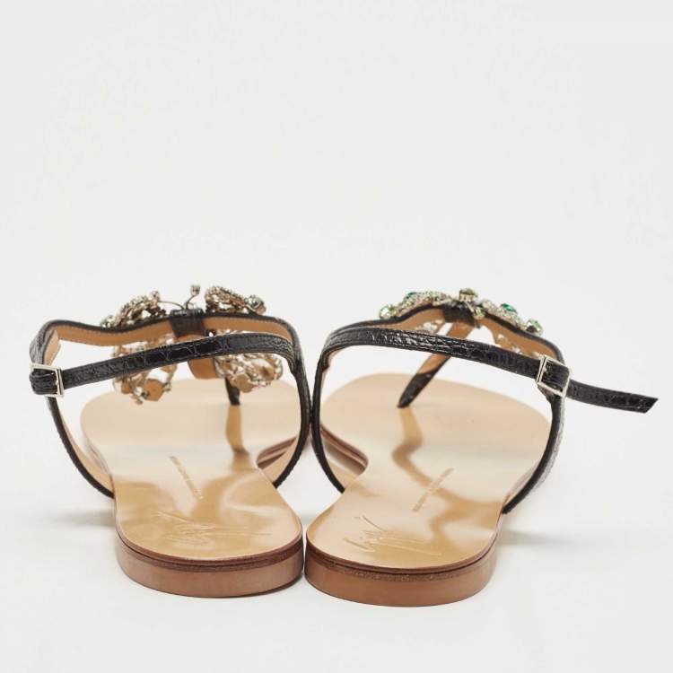 مملوكة مسبقًا Giuseppe Zanotti Black Textured Leather Crystal Embellished Thong Flat Sandals Size 41