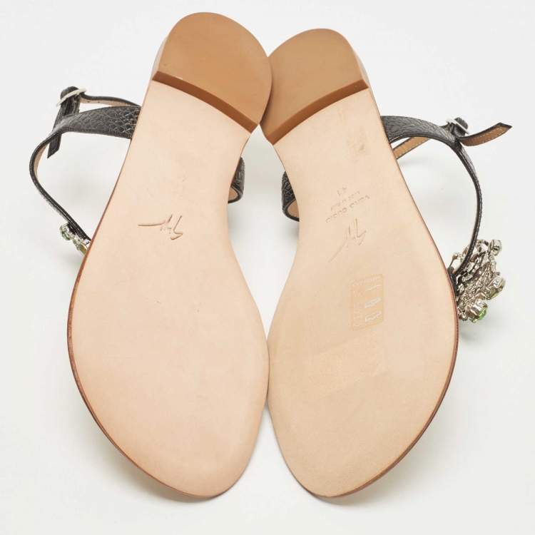 مملوكة مسبقًا Giuseppe Zanotti Black Textured Leather Crystal Embellished Thong Flat Sandals Size 41