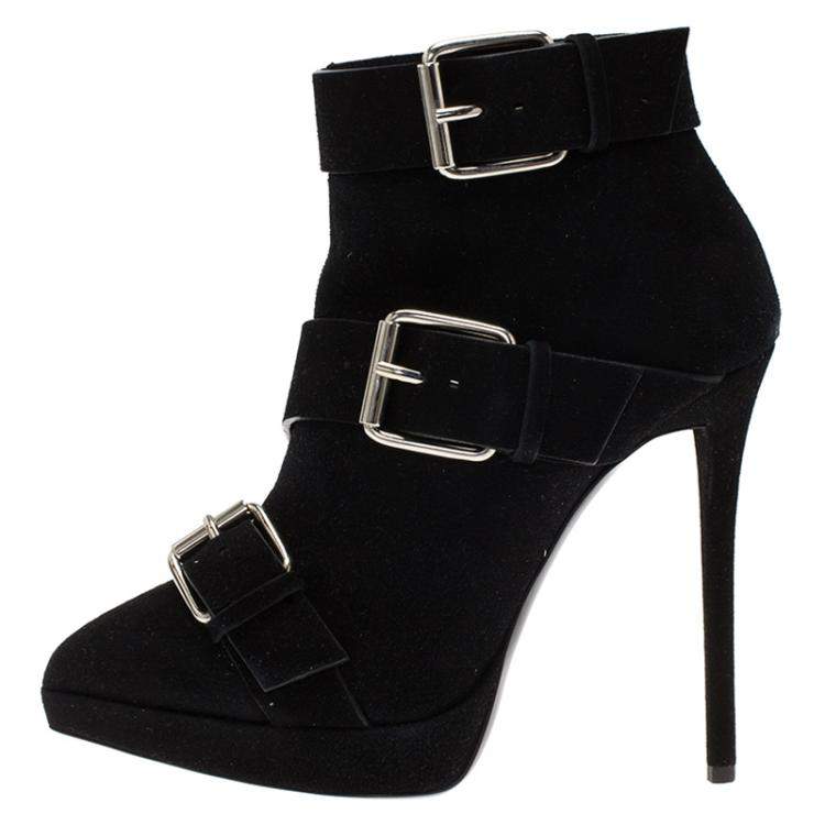 Pre Owned Giuseppe Zanotti Black Buckled Suede Platform Ankle Boots Size 38