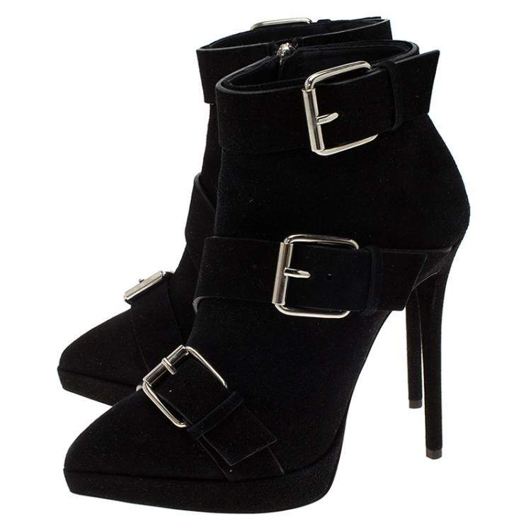 Pre Owned Giuseppe Zanotti Black Buckled Suede Platform Ankle Boots Size 38