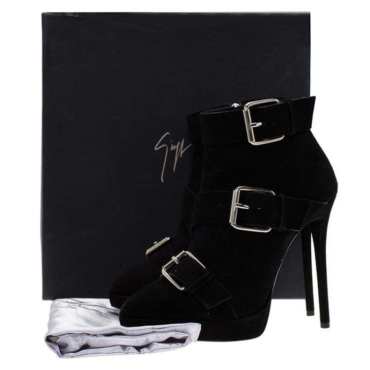 Pre Owned Giuseppe Zanotti Black Buckled Suede Platform Ankle Boots Size 38