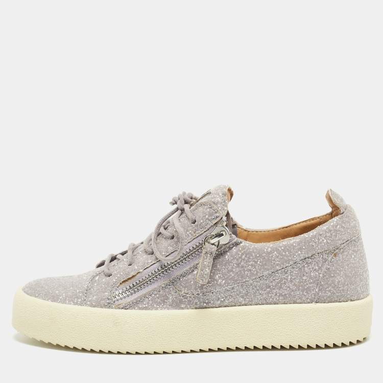 Pre Owned Giuseppe Zanotti Metallic Grey Suede Double Zip Low Top Sneakers Size 41