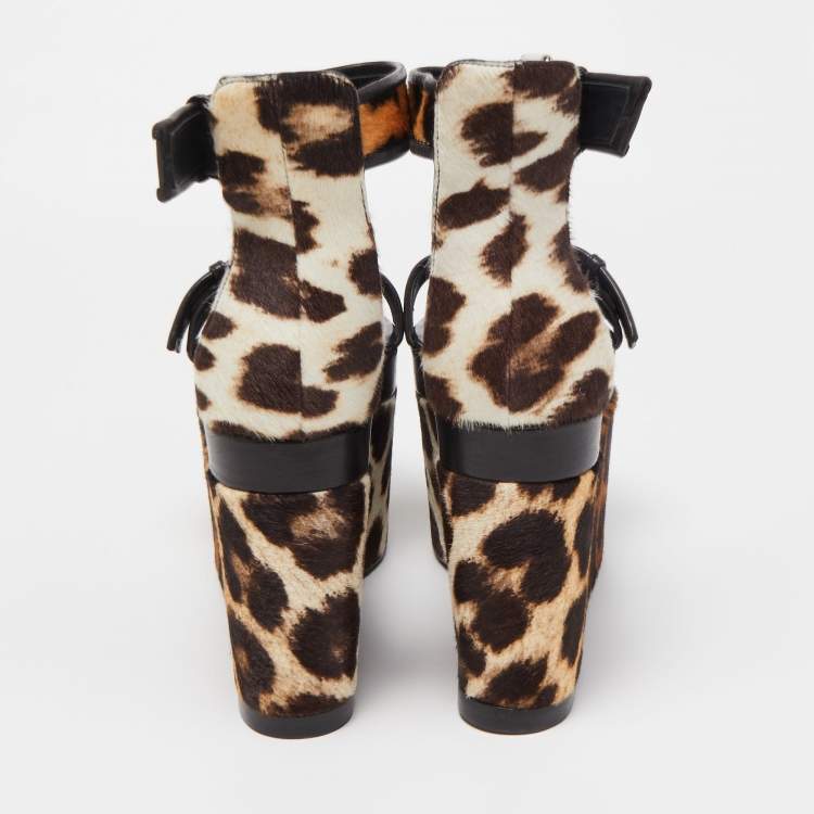 Pre Owned Giuseppe Zanotti Brown Leather and Calf Hair Leopard Ankle Strap Platform Sandals Size 37