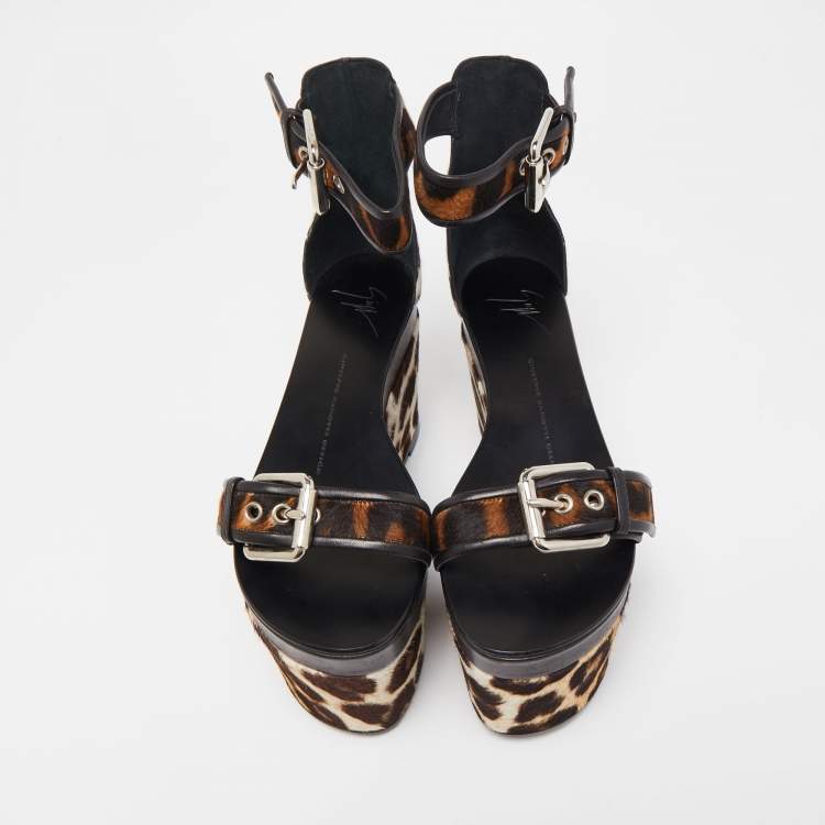 Pre Owned Giuseppe Zanotti Brown Leather and Calf Hair Leopard Ankle Strap Platform Sandals Size 37