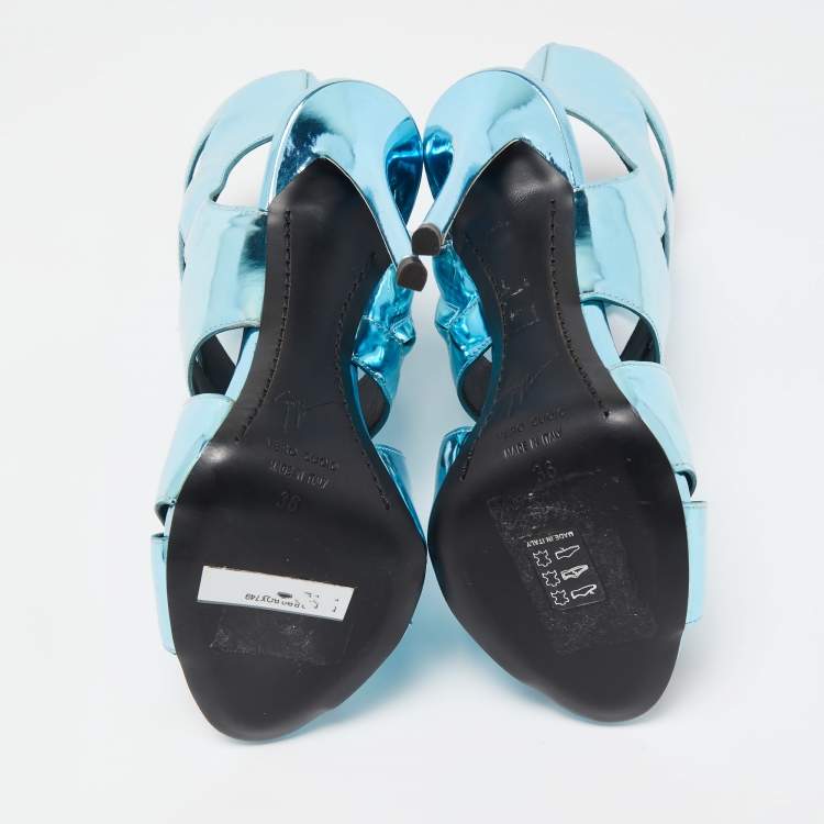 مملوكة مسبقًا Giuseppe Zanotti Metallic Blue Leather Cut-Out Coline Ankle Booties Size 36