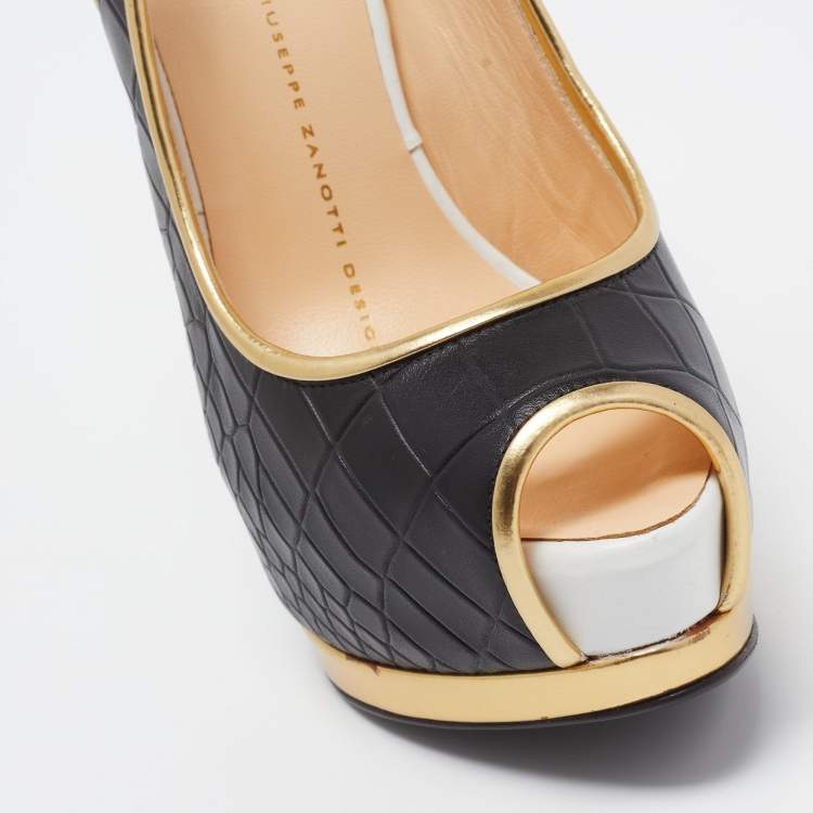 Pre Owned Giuseppe Zanotti Multicolor Croc Embossed Leather Peep Toe Platform Slingback Pumps Size 36
