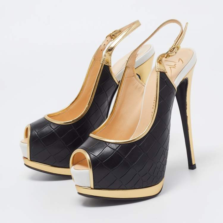 Pre Owned Giuseppe Zanotti Multicolor Croc Embossed Leather Peep Toe Platform Slingback Pumps Size 36