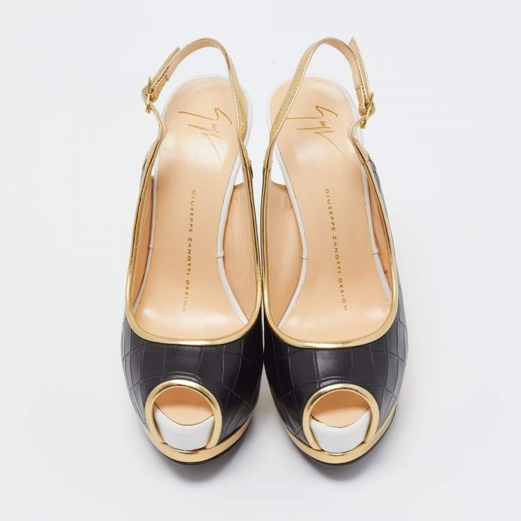 Pre Owned Giuseppe Zanotti Multicolor Croc Embossed Leather Peep Toe Platform Slingback Pumps Size 36