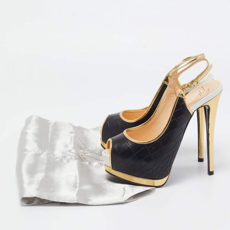 Pre Owned Giuseppe Zanotti Multicolor Croc Embossed Leather Peep Toe Platform Slingback Pumps Size 36