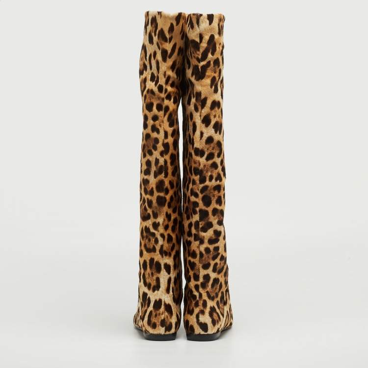 Pre Owned Giuseppe Zanotti Brown/Beige Leopard Calf Hair Knee Length Boots Size 38