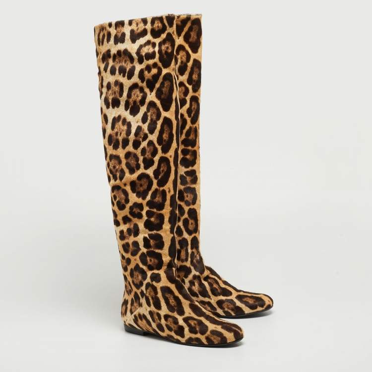 Pre Owned Giuseppe Zanotti Brown/Beige Leopard Calf Hair Knee Length Boots Size 38