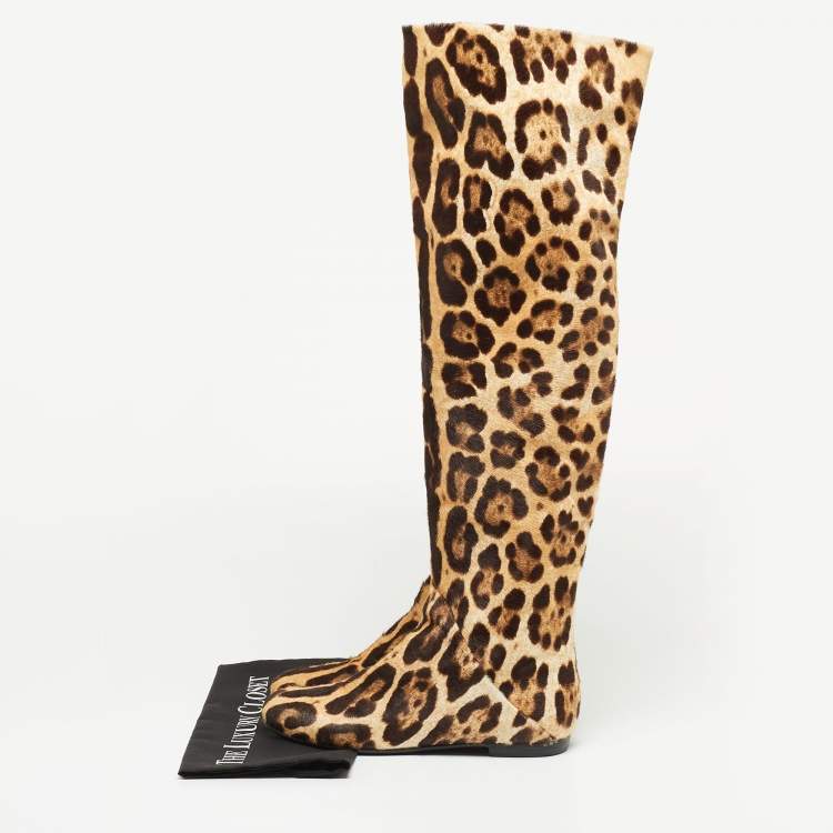 Pre Owned Giuseppe Zanotti Brown/Beige Leopard Calf Hair Knee Length Boots Size 38