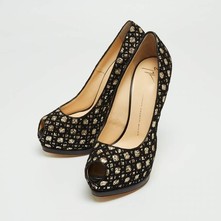 Pre Owned Giuseppe Zanotti Black/Gold Mesh and Glitter Platform Pumps Size 41