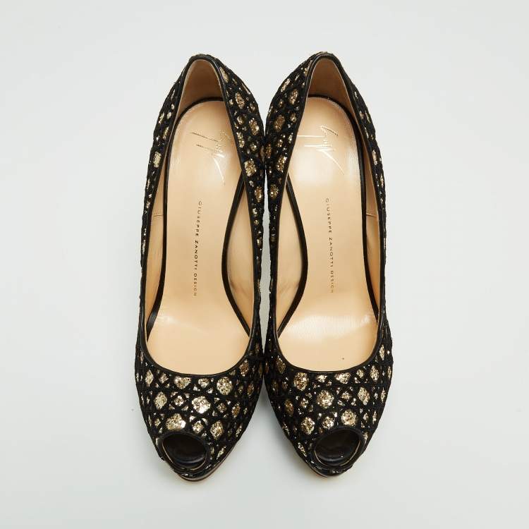 Pre Owned Giuseppe Zanotti Black/Gold Mesh and Glitter Platform Pumps Size 41