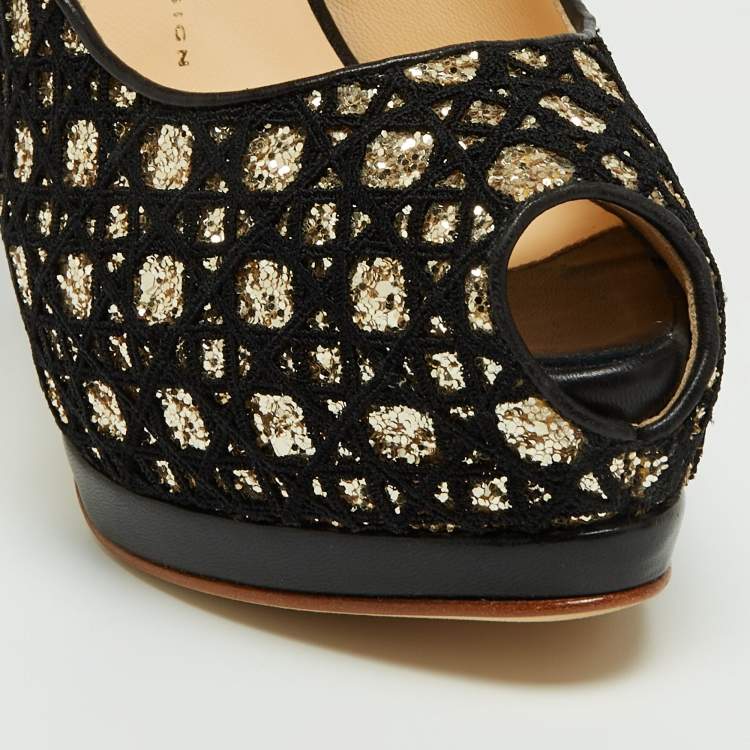 Pre Owned Giuseppe Zanotti Black/Gold Mesh and Glitter Platform Pumps Size 41