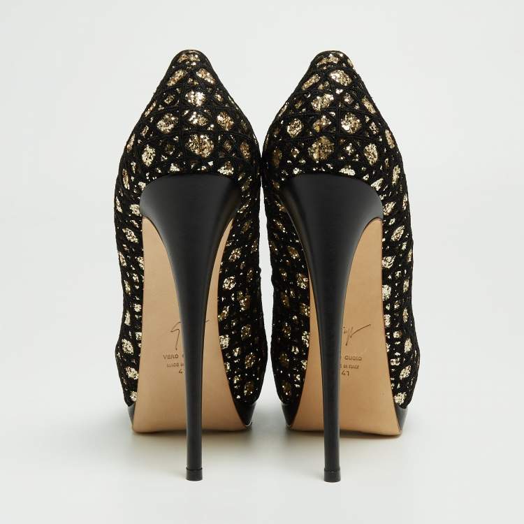 Pre Owned Giuseppe Zanotti Black/Gold Mesh and Glitter Platform Pumps Size 41