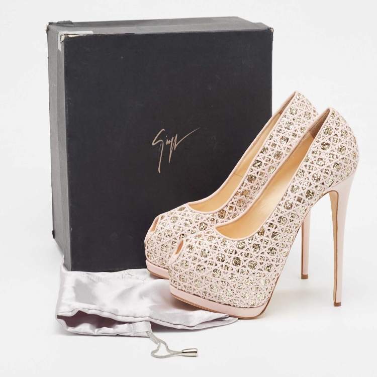 Pre Owned Giuseppe Zanotti Pink Glitter Lace and Leather Sharon Platform Peep Toe Pumps Size 41