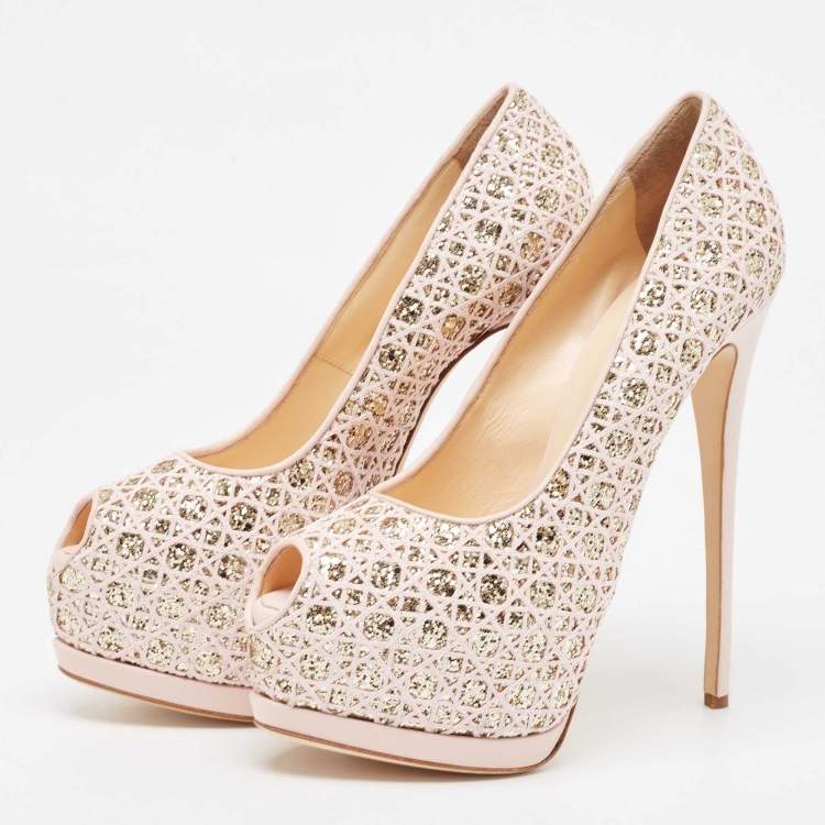 Pre Owned Giuseppe Zanotti Pink Glitter Lace and Leather Sharon Platform Peep Toe Pumps Size 41