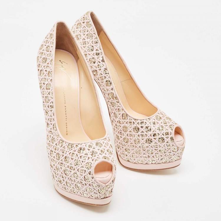 Pre Owned Giuseppe Zanotti Pink Glitter Lace and Leather Sharon Platform Peep Toe Pumps Size 41