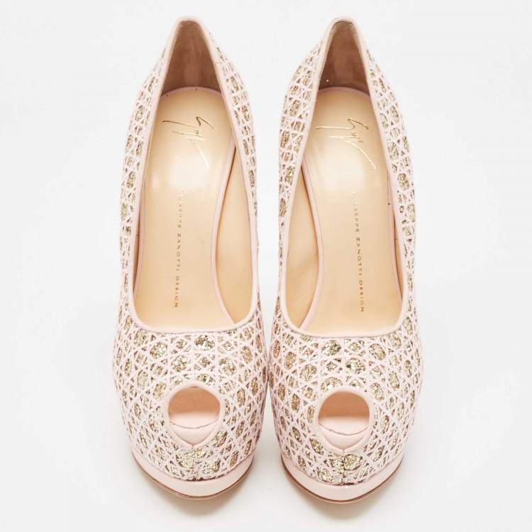 Pre Owned Giuseppe Zanotti Pink Glitter Lace and Leather Sharon Platform Peep Toe Pumps Size 41