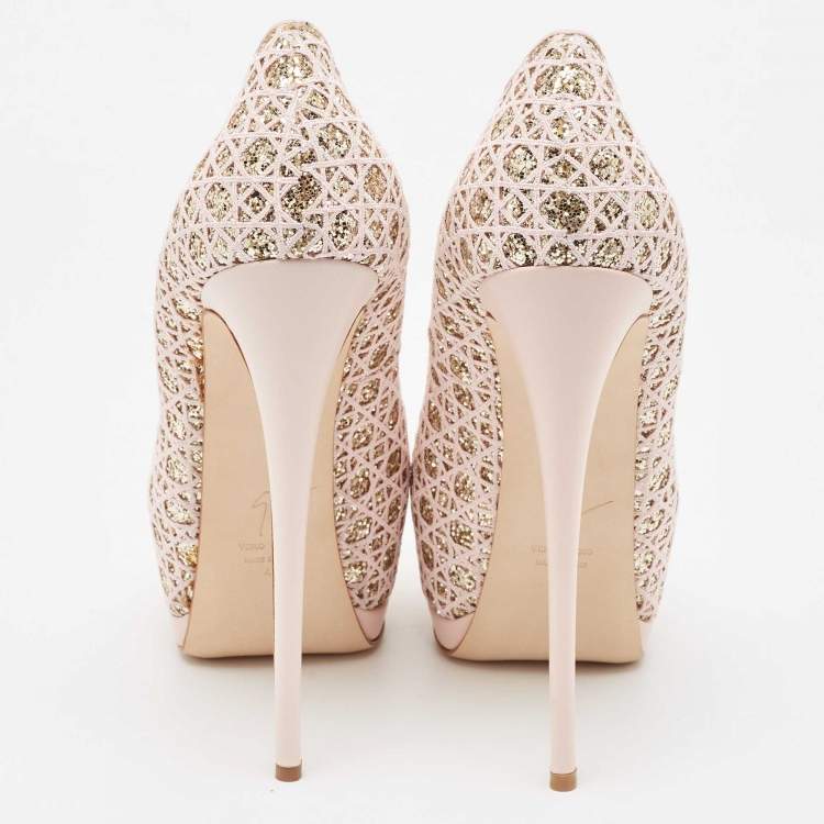 Pre Owned Giuseppe Zanotti Pink Glitter Lace and Leather Sharon Platform Peep Toe Pumps Size 41
