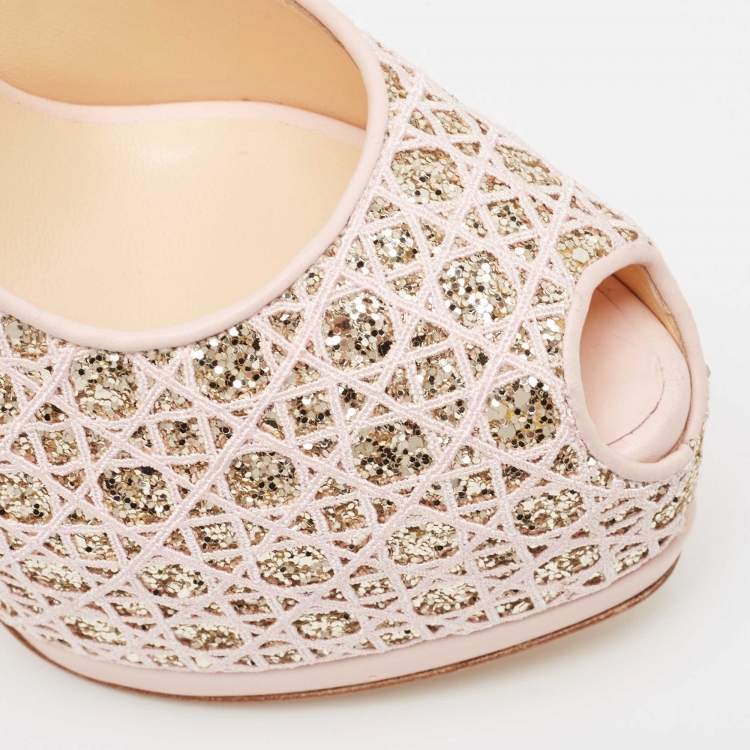 Pre Owned Giuseppe Zanotti Pink Glitter Lace and Leather Sharon Platform Peep Toe Pumps Size 41