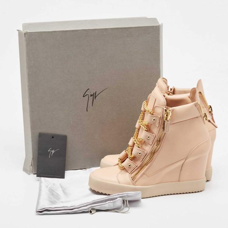 Pre Owned Giuseppe Zanotti Beige Leather Chain Detail High Top Wedge Sneakers Size 41