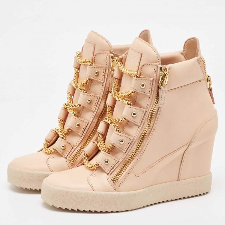 Pre Owned Giuseppe Zanotti Beige Leather Chain Detail High Top Wedge Sneakers Size 41