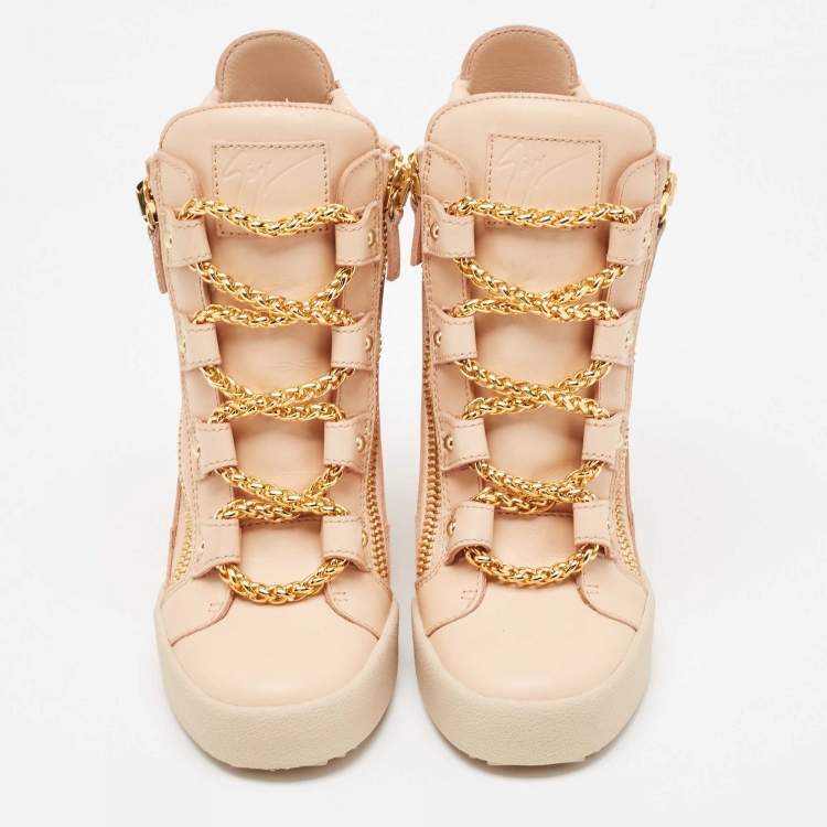 Pre Owned Giuseppe Zanotti Beige Leather Chain Detail High Top Wedge Sneakers Size 41