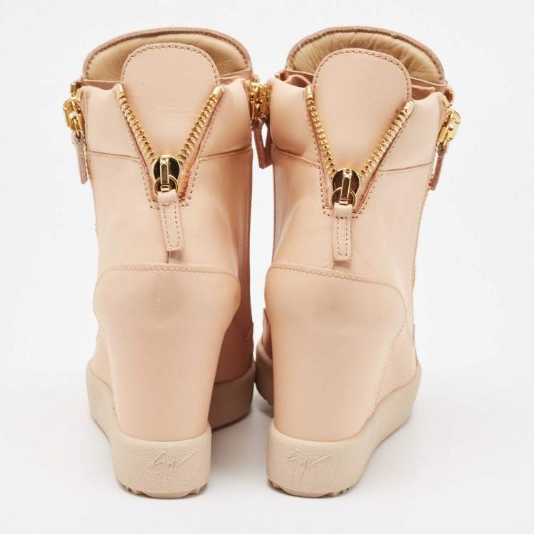 Pre Owned Giuseppe Zanotti Beige Leather Chain Detail High Top Wedge Sneakers Size 41