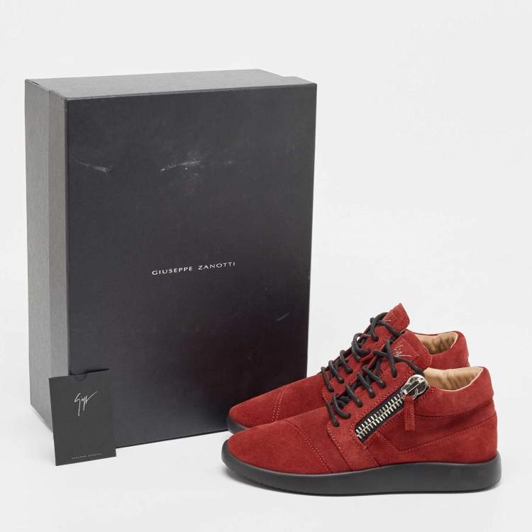 Pre Owned Gisueppe Zanotti Red Suede Double Zip Low Top Sneakers Size 38